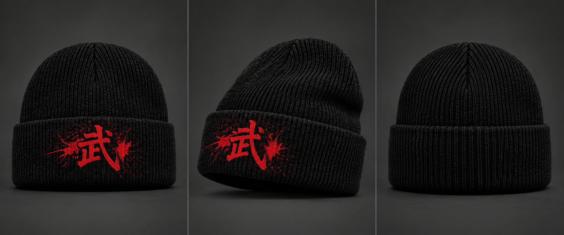 Front, side, and back concept views of a black knit beanie with red and bone artwork