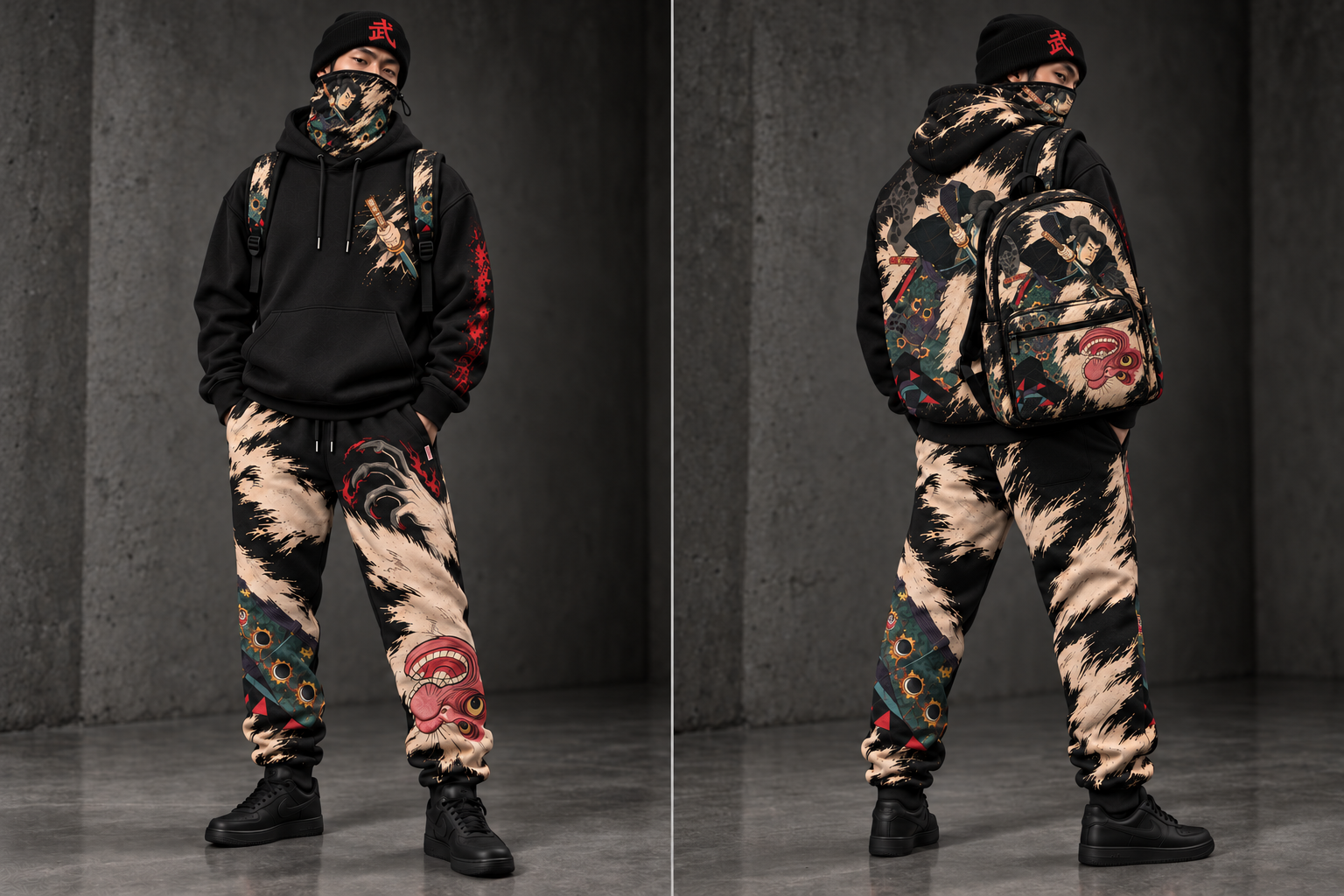 Front and back Yoshitora 1859 development lineup showing the hoodie, sweatpants, beanie, neck gaiter, and backpack