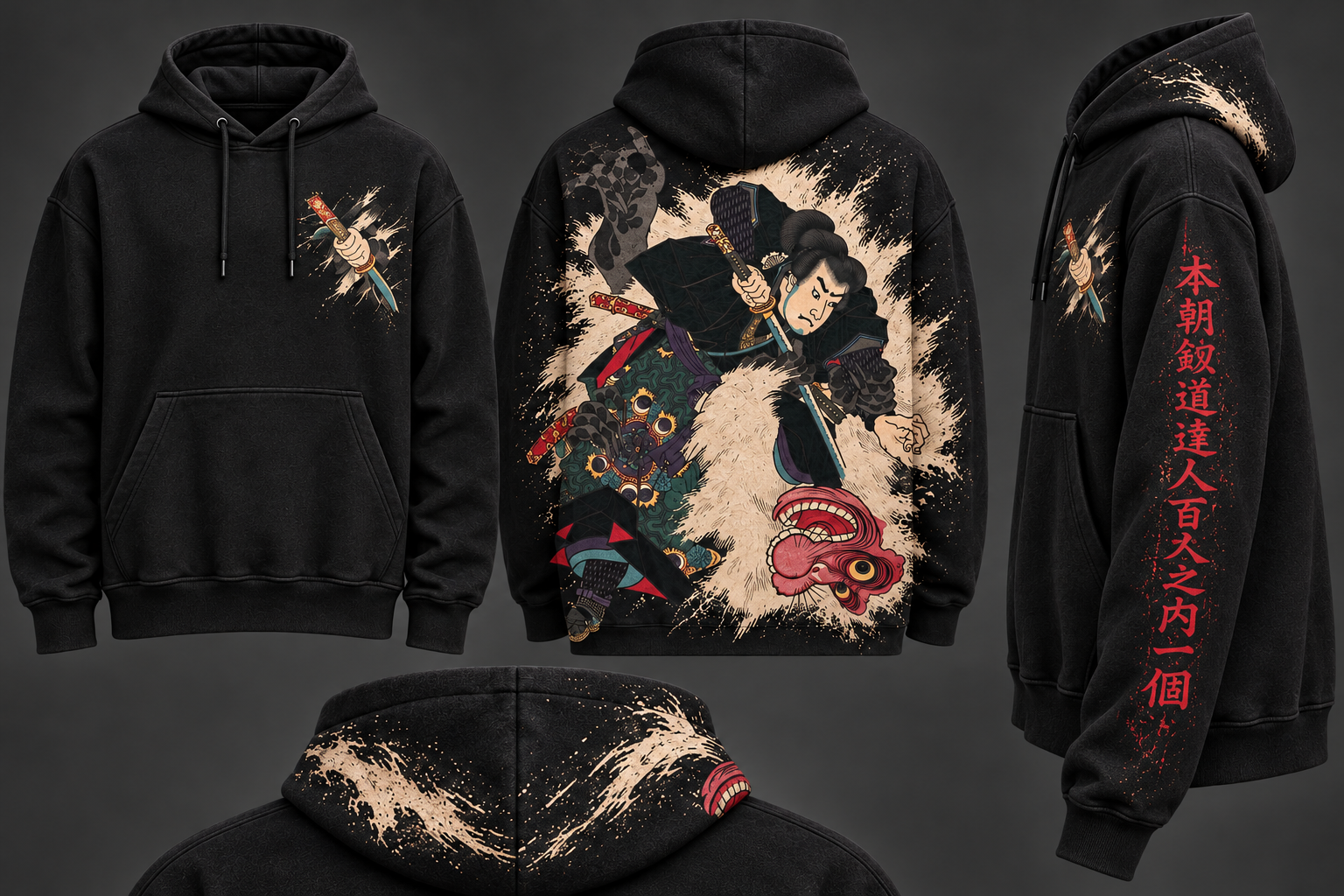 Front, back, side, and hood concept views of the black Yoshitora hoodie