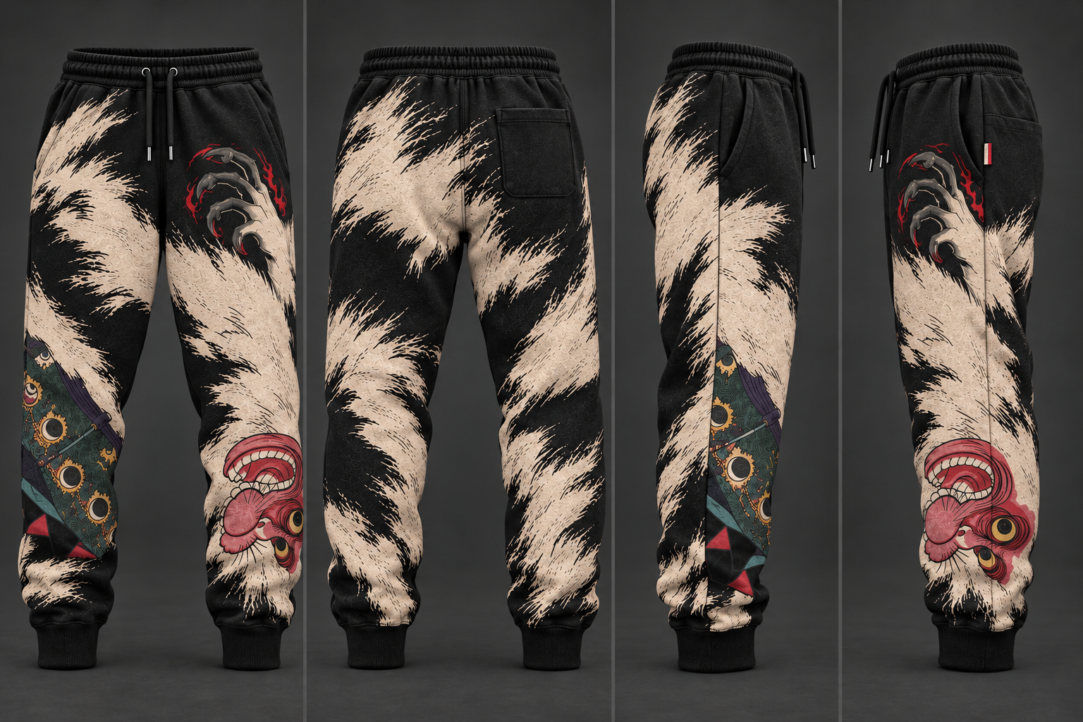 Front and back concept views of black and bone Yoshitora sweatpants
