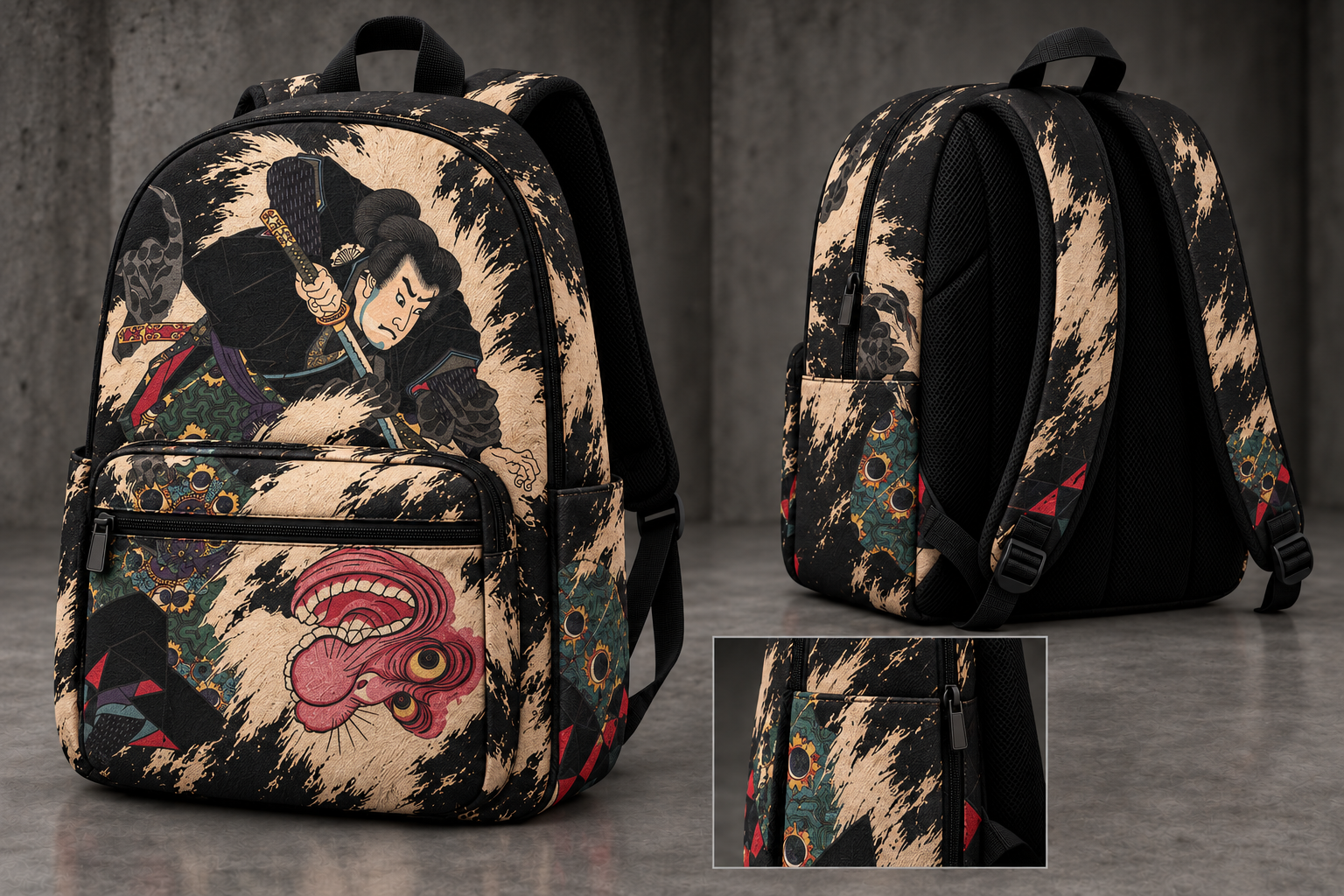 Front, back, and side-detail concept views of the Yoshitora 1859 backpack