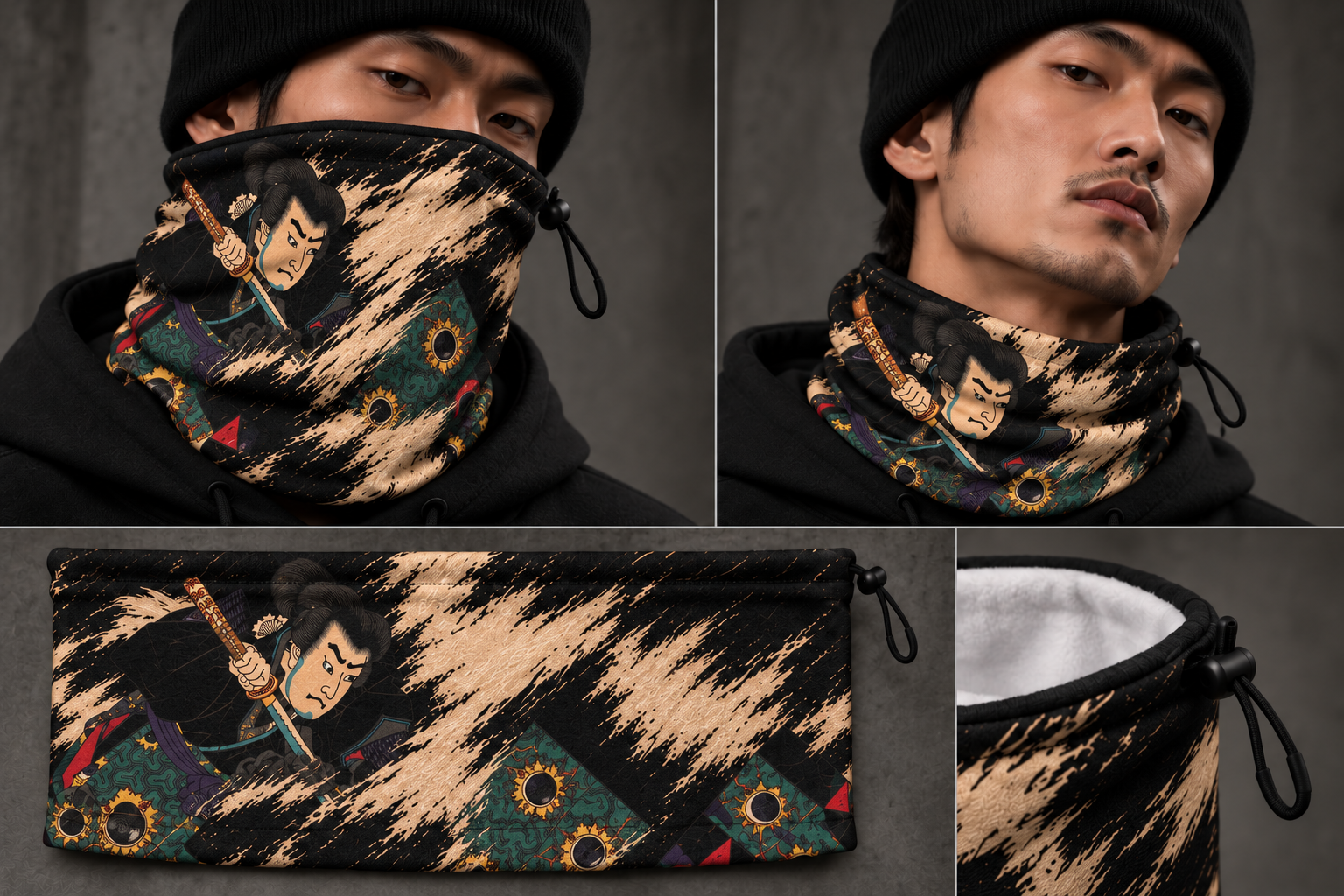 Two worn configurations, a laid-flat view, and drawcord detail of the Yoshitora 1859 neck gaiter concept